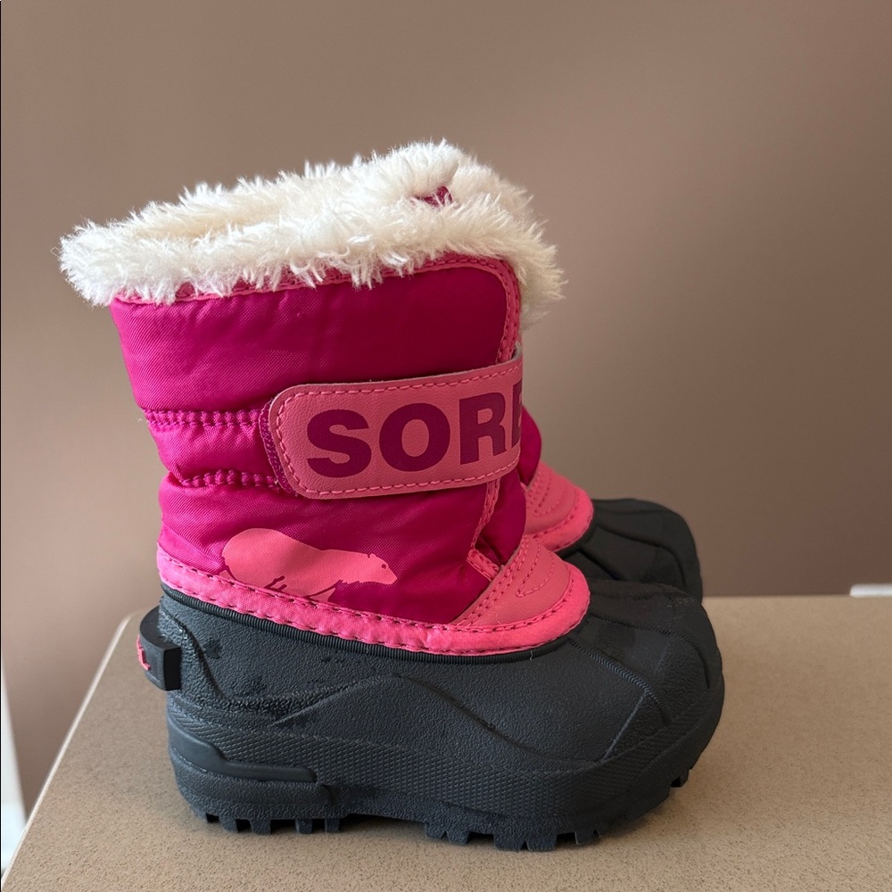 Sorel Kids Hot Pink and Black Winter Boots with Faux Fur Cuff - Picture 3 of 12